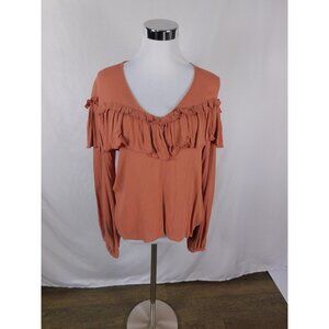 Leith Rust Ruffle Boho Blouse Long Sleeve Size S - Excellent